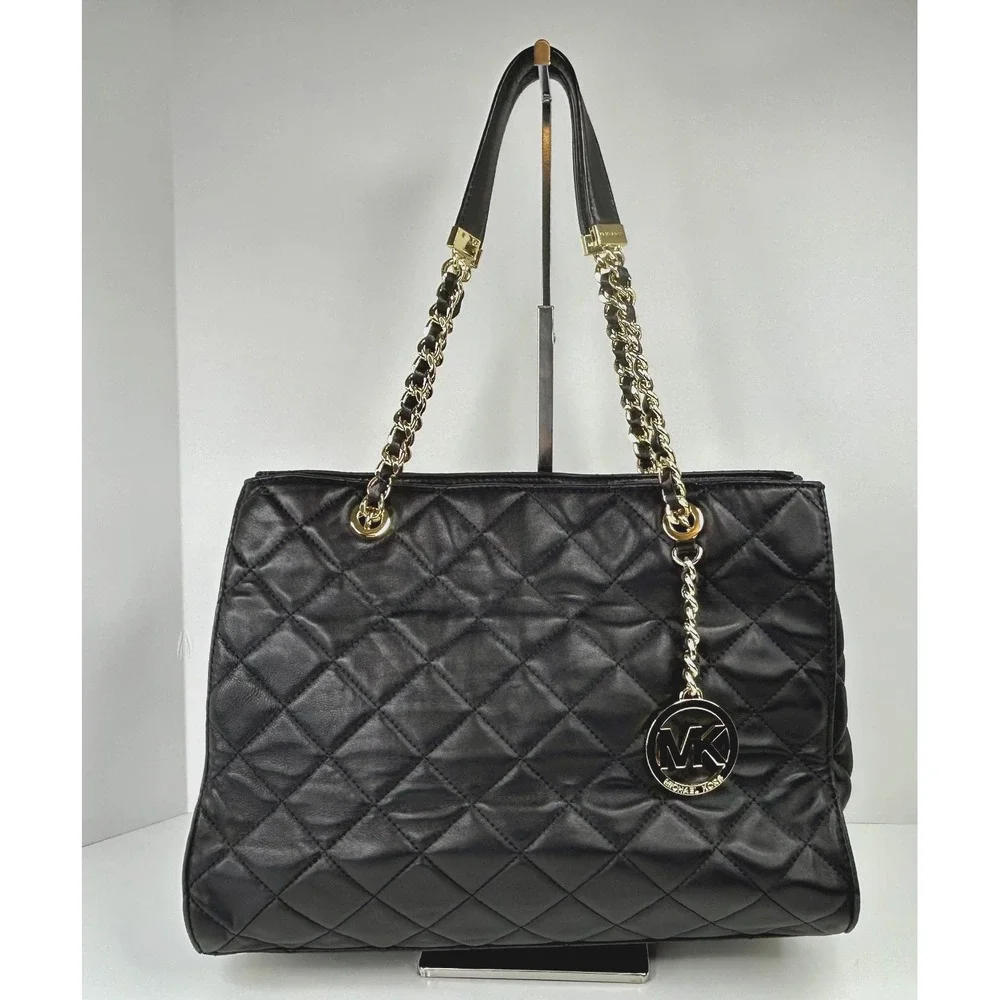 Michael Kors Satchel Susannah Leather Quilted Double Handle Large Black CLEAN A+